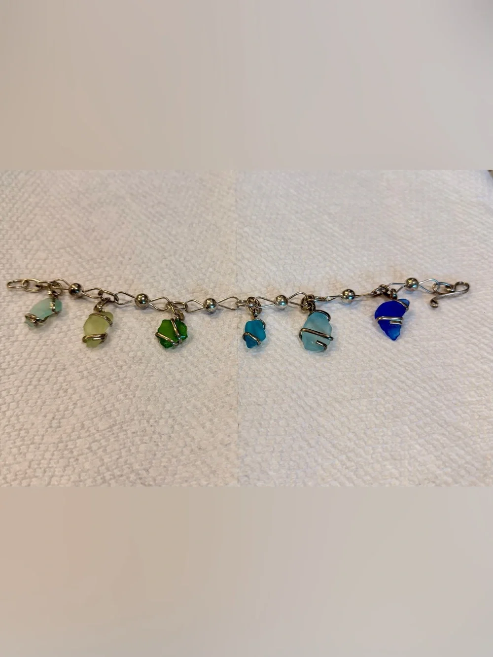 Sterling Silver Charm Bracelet with Green, Teal and Light Blue Sea Glass Charms